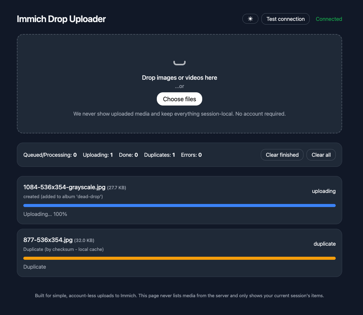 Immich Drop Uploader Dark Mode UI